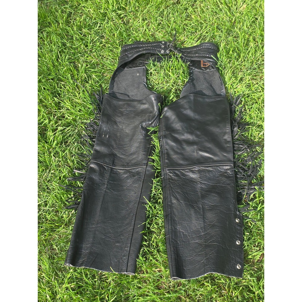 Antelope Creek Leather Mens Black Fringe Motorcycle Chaps Braided Waist Western
